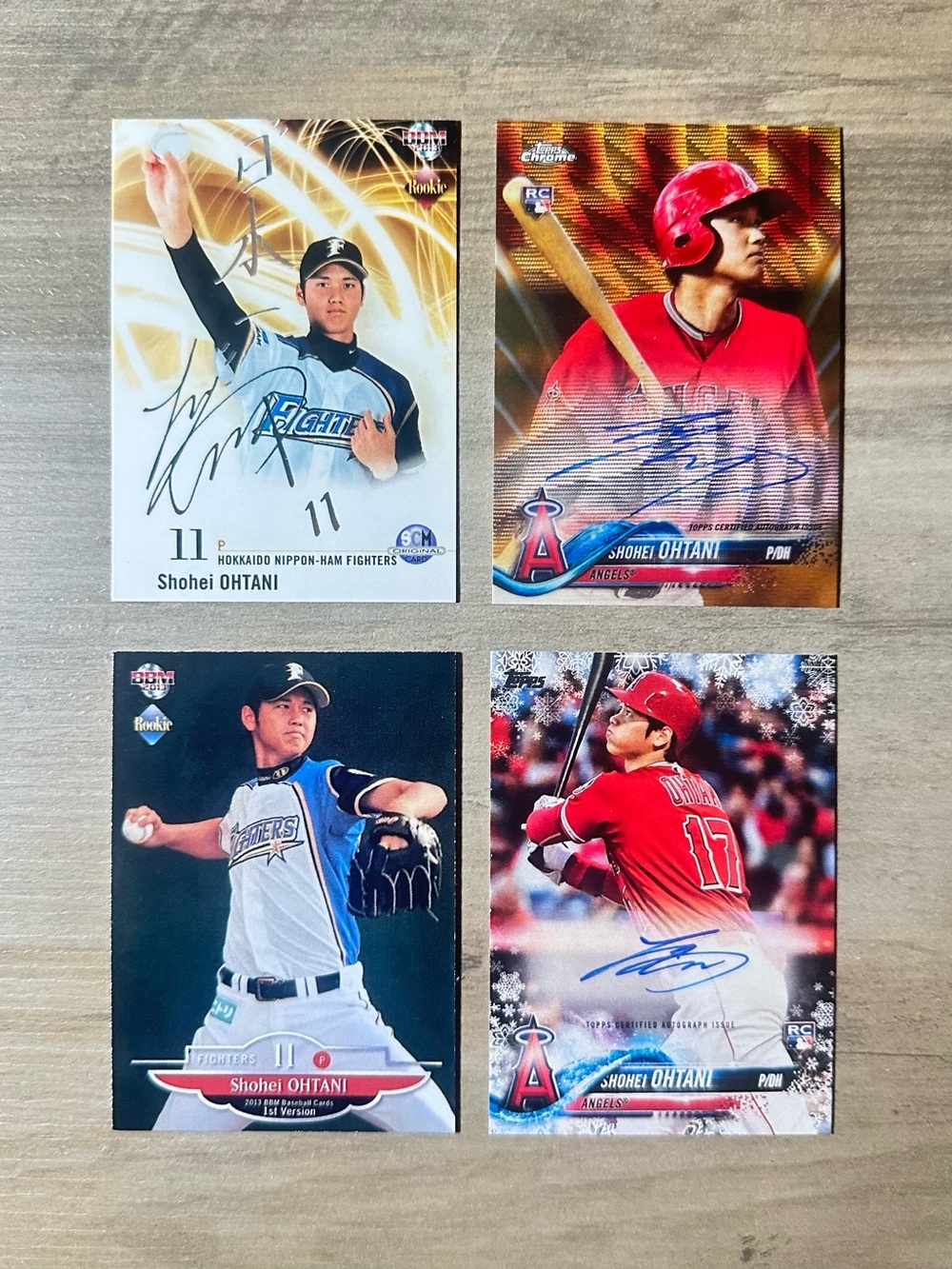 Shohei Ohtani Signed Rookie Lot of (4) BBM Topps Novelty Baseball Cards.